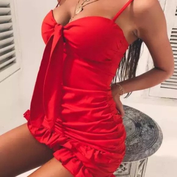 DRESS MINI RED XL SPIGETTI STRAPS & RUFFLES - Picture 2 of 4